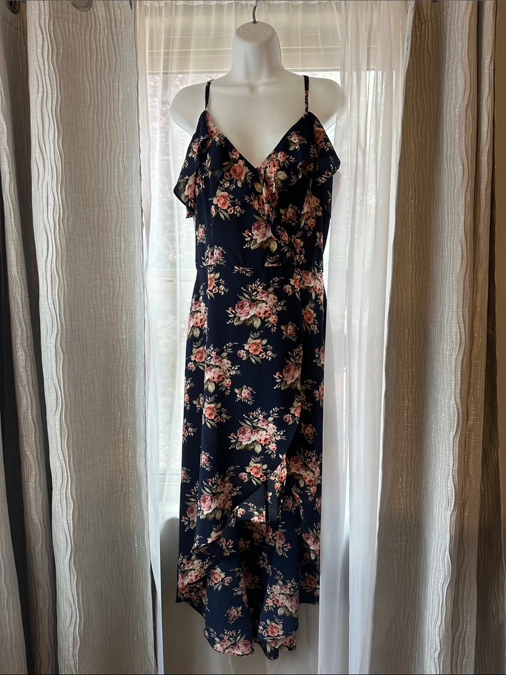 Iz Byer Navy Floral Ruffle High-Low Sundress